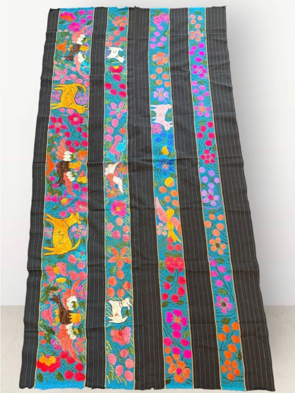 Vintage Mexican Folk Art Tapestry- Hand Embroidered Nahua Acatlán Enredo 74”x38”